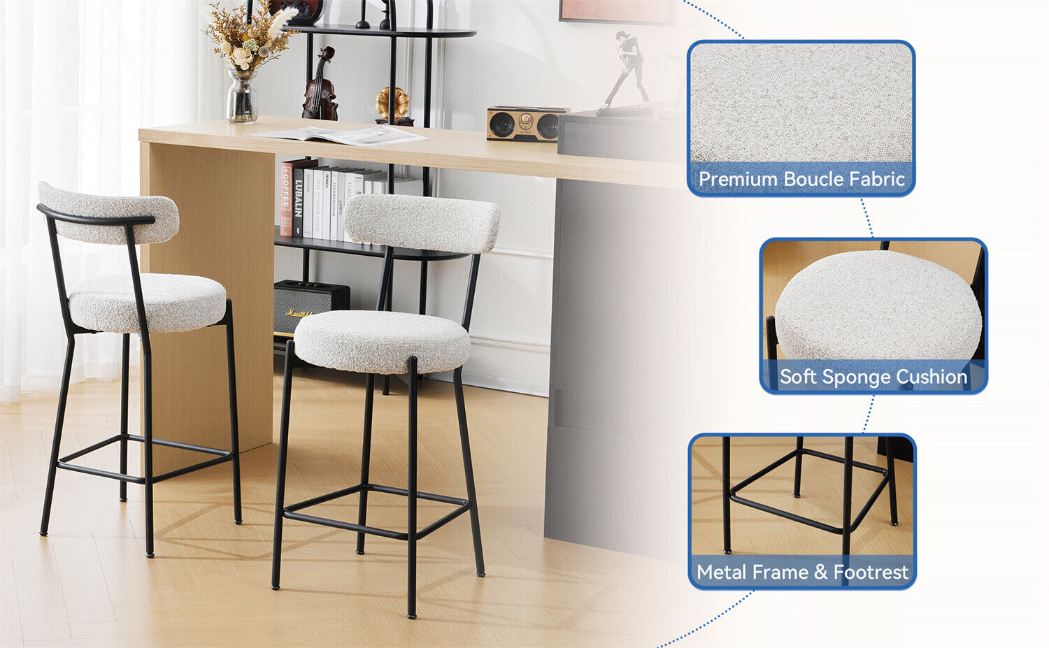 Bar Stools Set of 2 Upholstered Kitchen Bar Stools with Backrest and Footrest