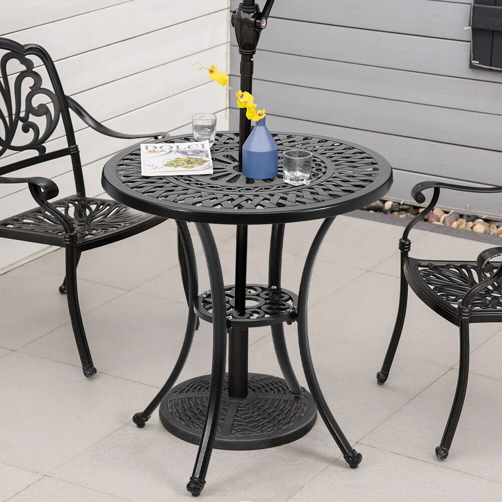 Outdoor Dining Table Round Cast Aluminum Patio Dining Table with Umbrella Hole