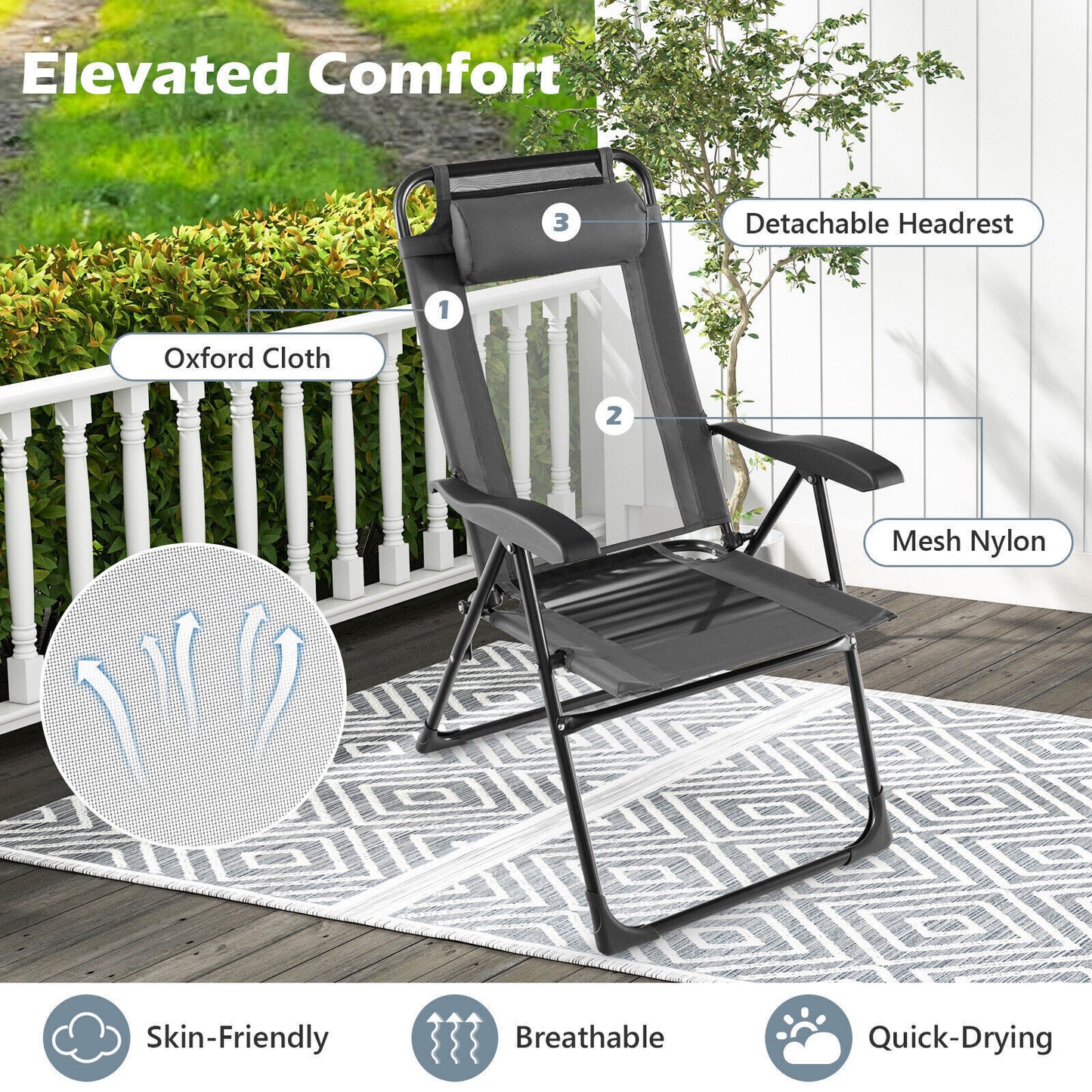 Patio Folding Chairs Set of 2 Outdoor Reclining Chairs Adjustable Outdoor Lounge