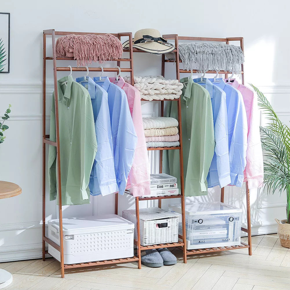 Wooden Clothes Rail Rack Garment Hanging Stand Open Wardrobe w/Bottom&Top Shelf