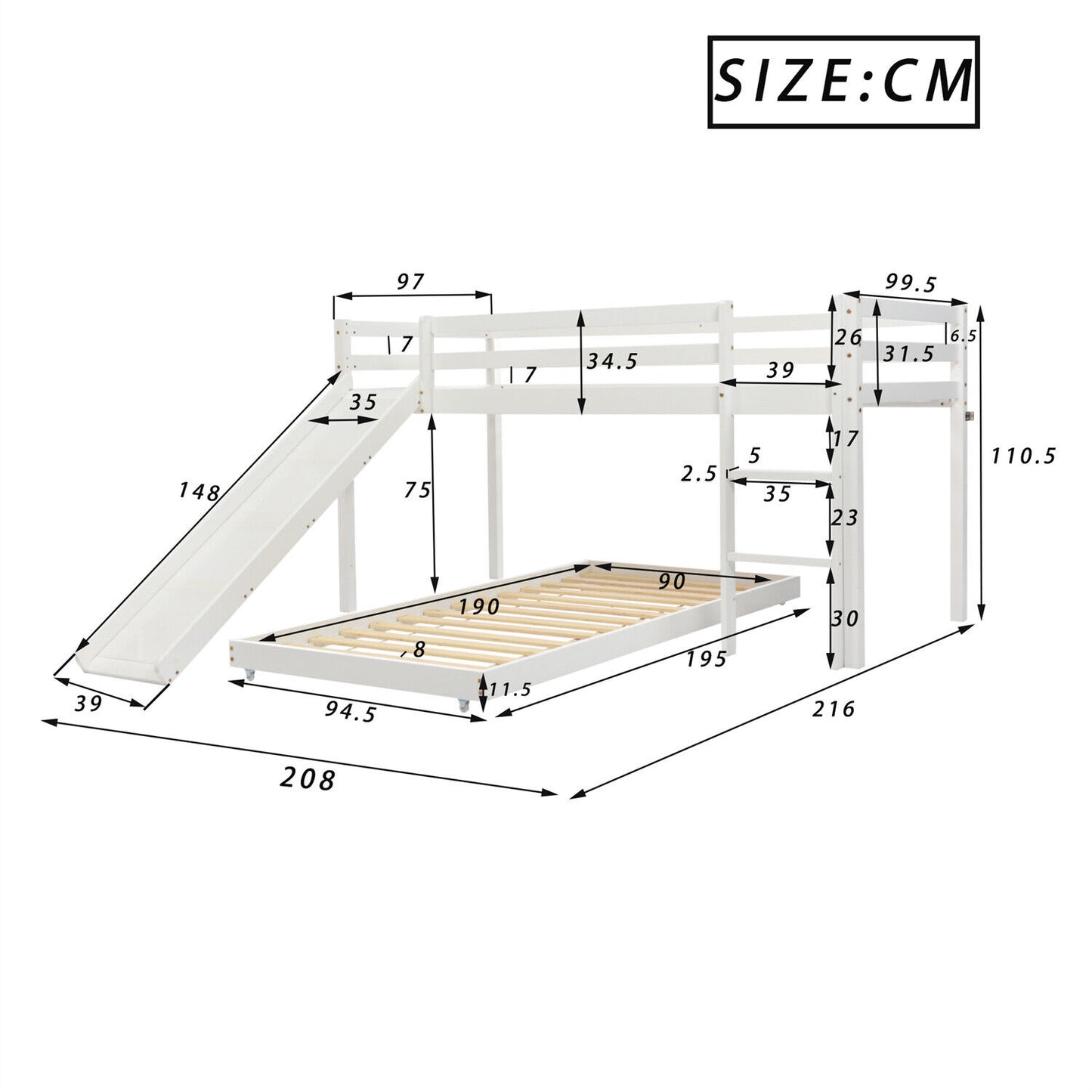 Kids Wooden Bunk Beds High Sleeper with Slide Ladder Cabin Bed 3FT Single White
