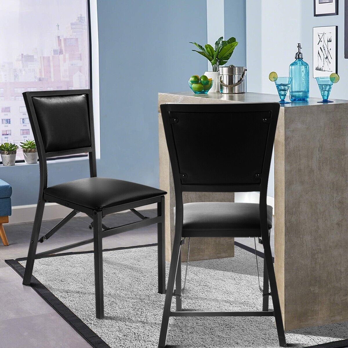 Set of 2 Padded Folding Chair Metal Frame Counter Height Dining Chairs