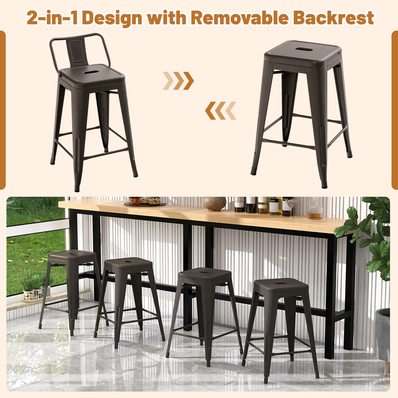 Bar Stools Set of 4 Restaurant Metal Dining Chairs Side Chairs w/Removable Back