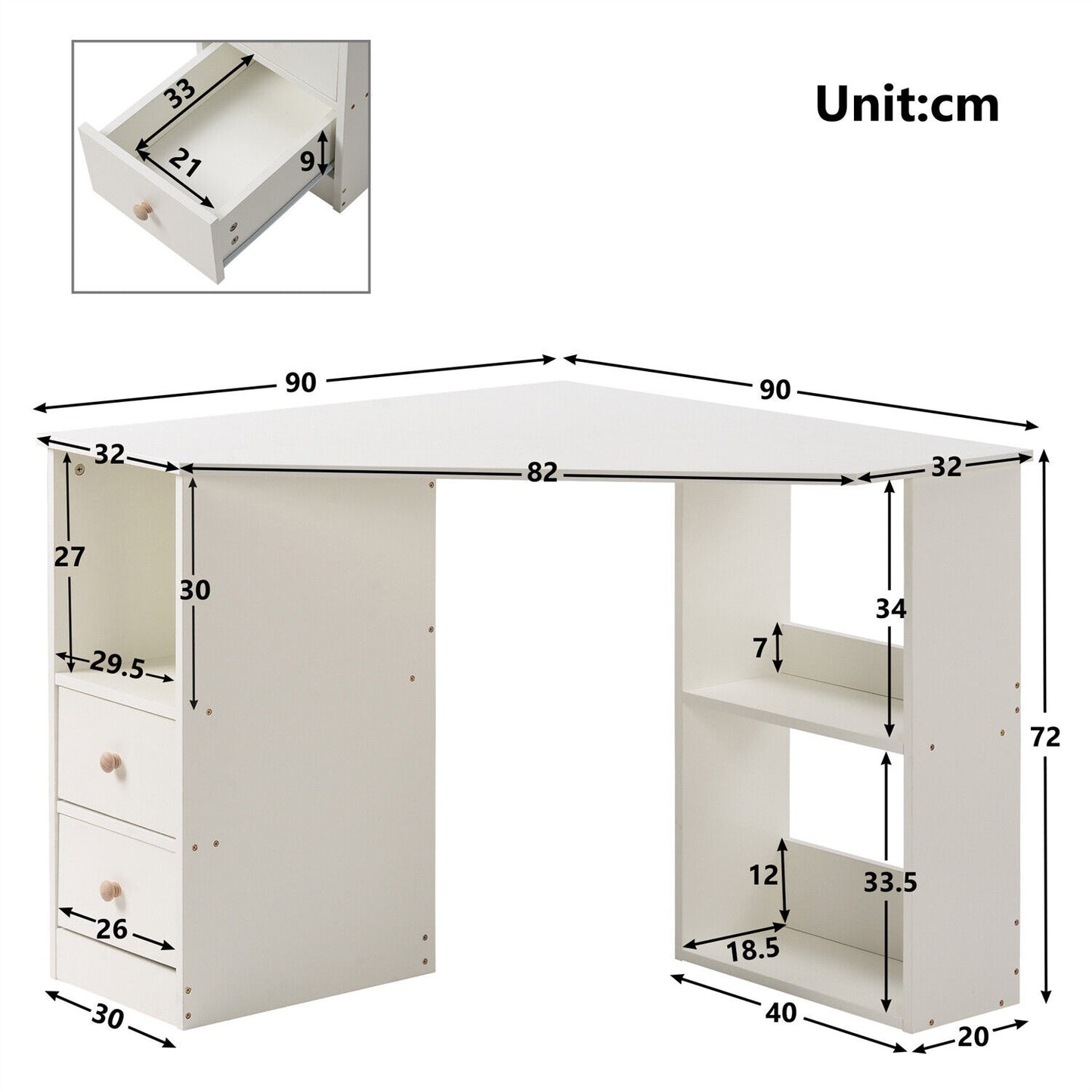 Corner Computer Desk with Storage Shelves Home Office Study Workstation Wooden