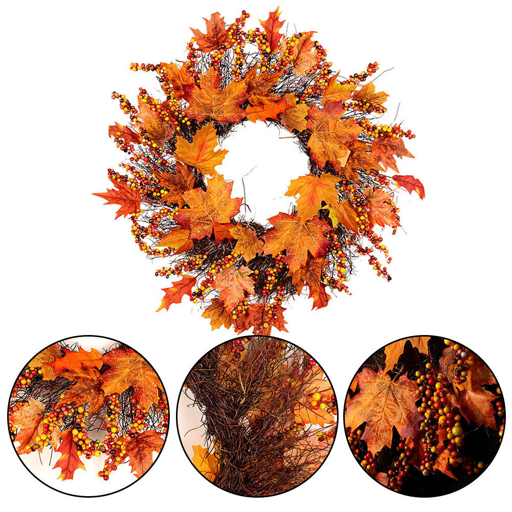 Autumn Fall Door Wreath Autumn Maple Leaf with LED Harvest Front Door Home Decor