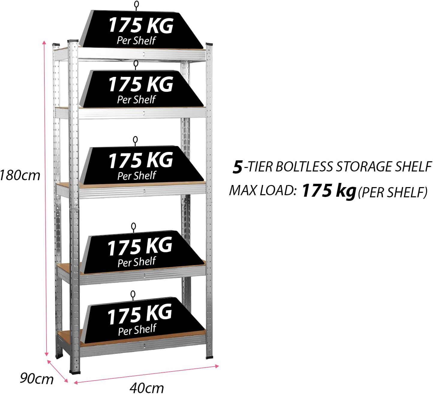 Garage Shelving Units 5 Tier Shed Storage Racking Shelf Boltless - 90x40x180cm