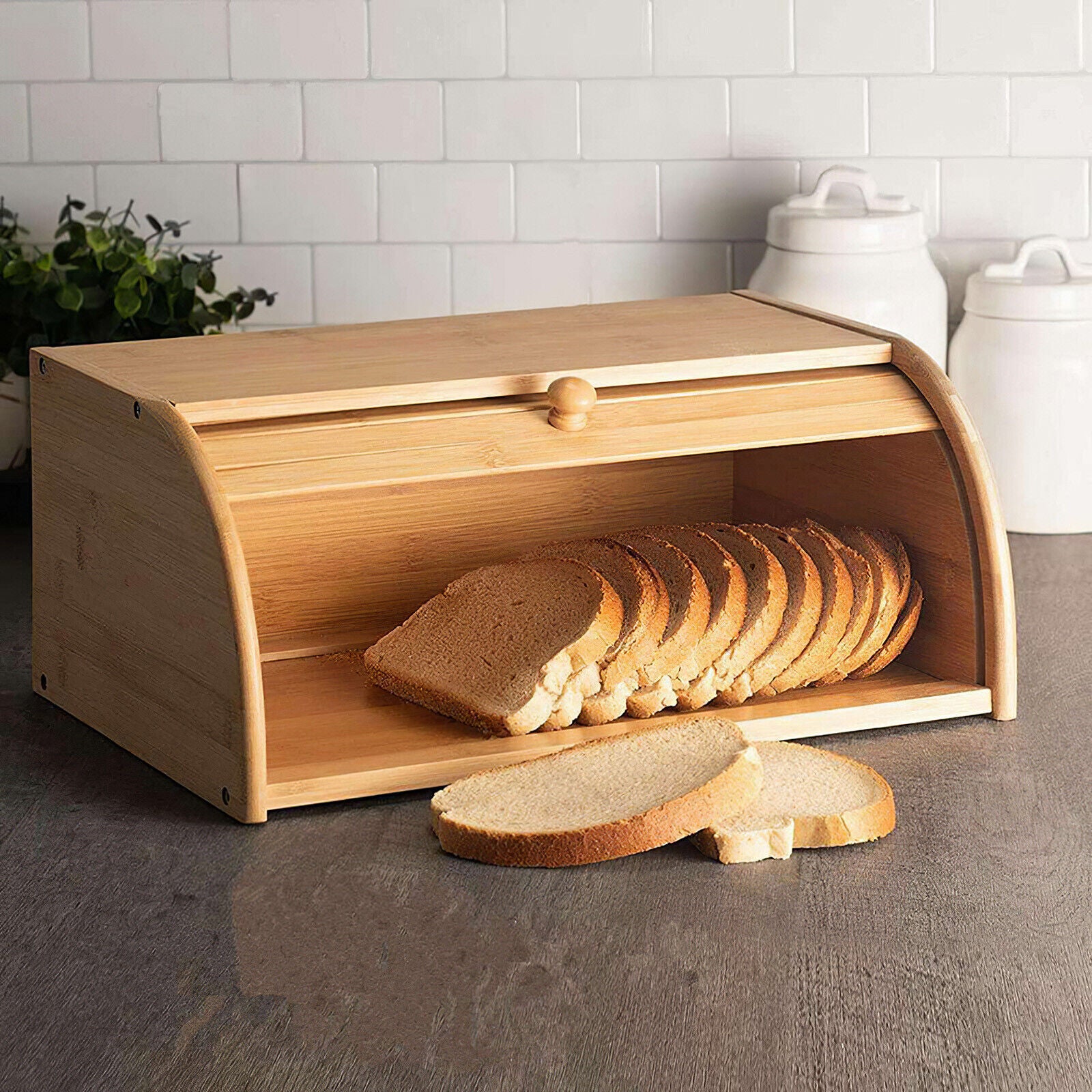 Bamboo Wooden Bread Bin Roll UpDoor Counter Rack Food Storage Box Loaf Container