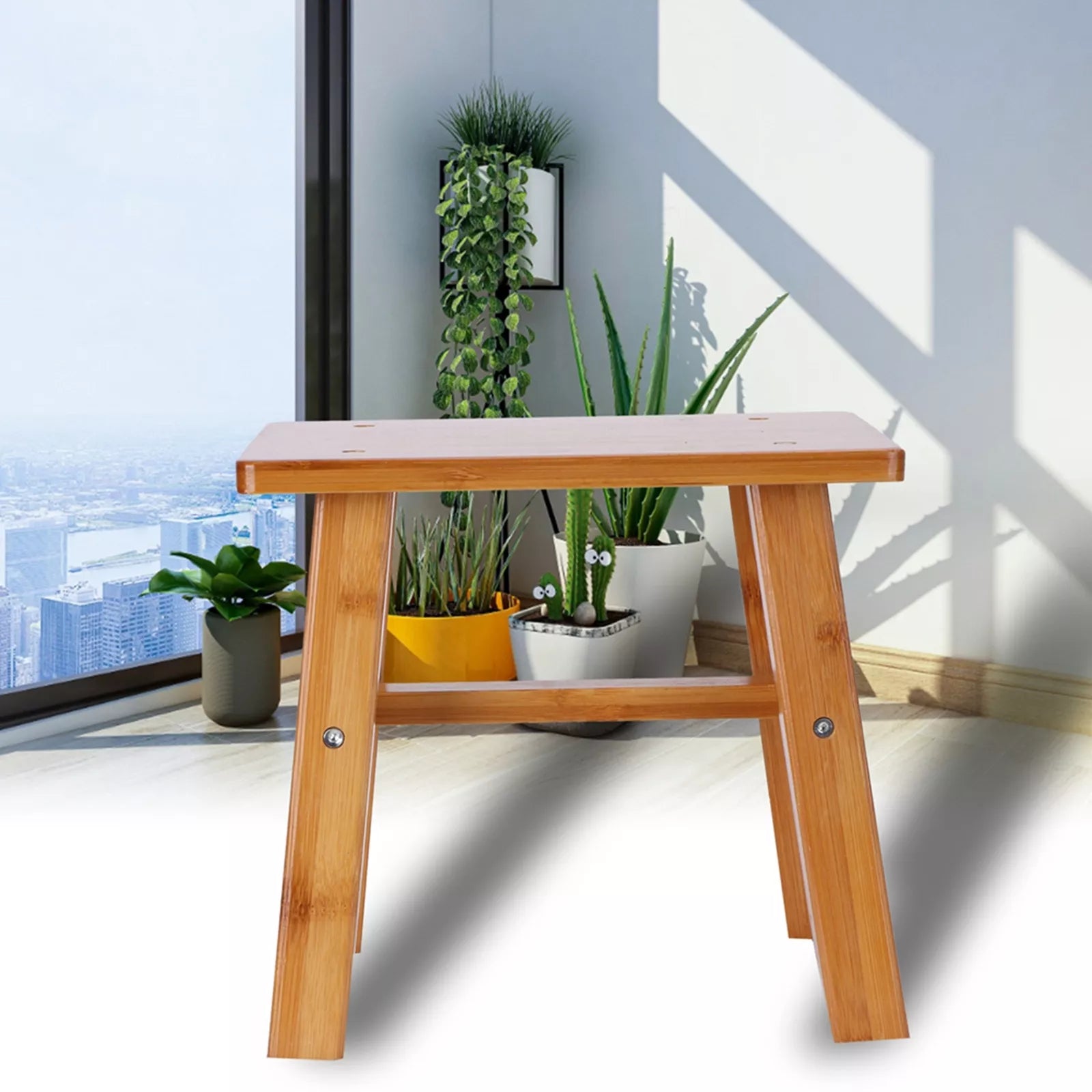 (S Rectangle)Multipurpose Small Bamboo Stool Foot Rest Stool Shower Low Bench