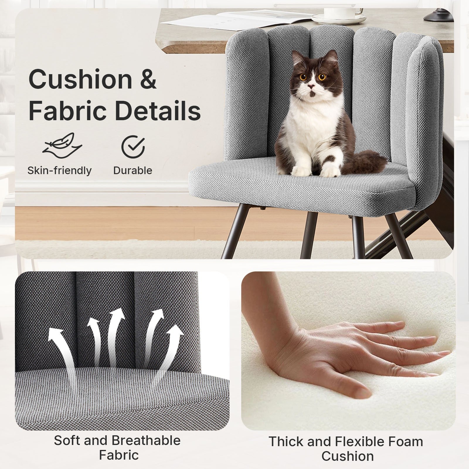 1 Dining Chair Velvet Surface Upholstered Kitchen Chair Petal Back Grey