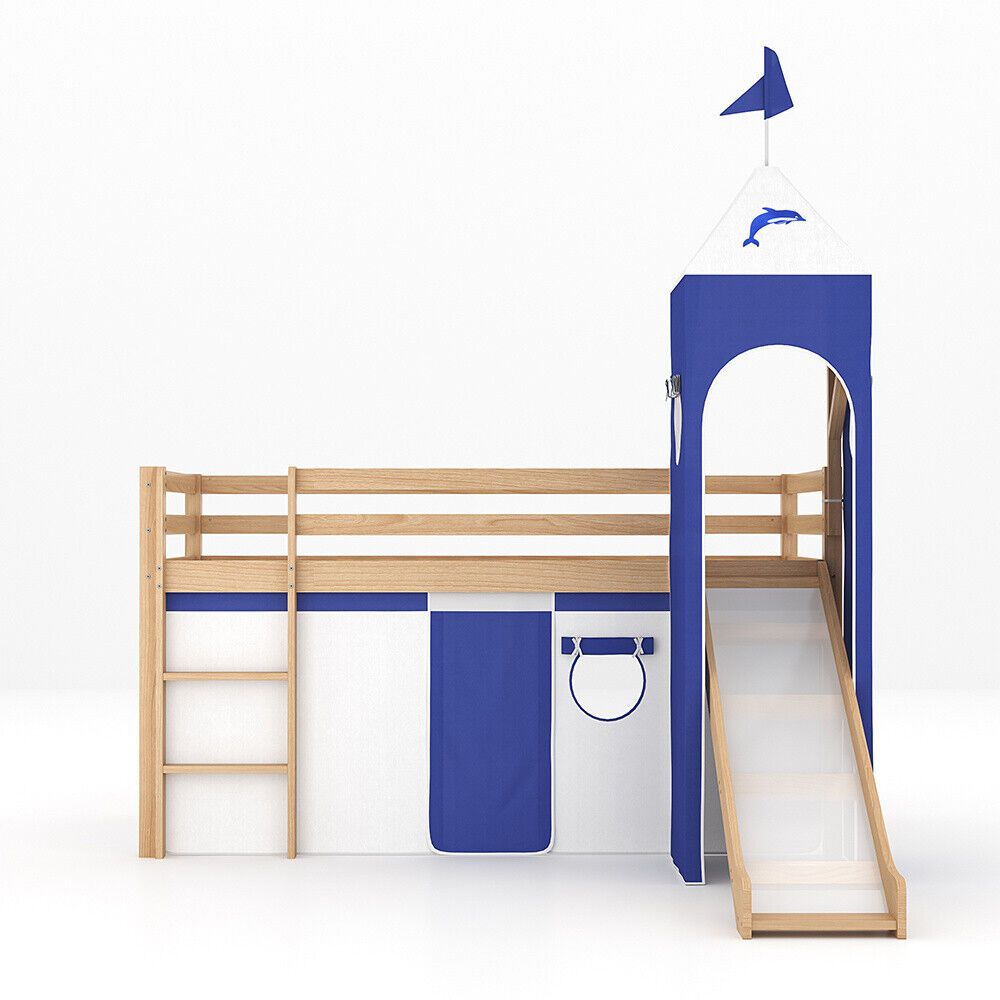 Children Kids Castle Single Bed Cabin Loft Pine Wood With Ladder Slide Tent