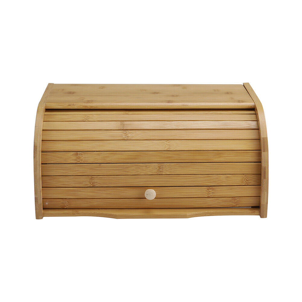 Bamboo Wooden Bread Bin Roll UpDoor Counter Rack Food Storage Box Loaf Container
