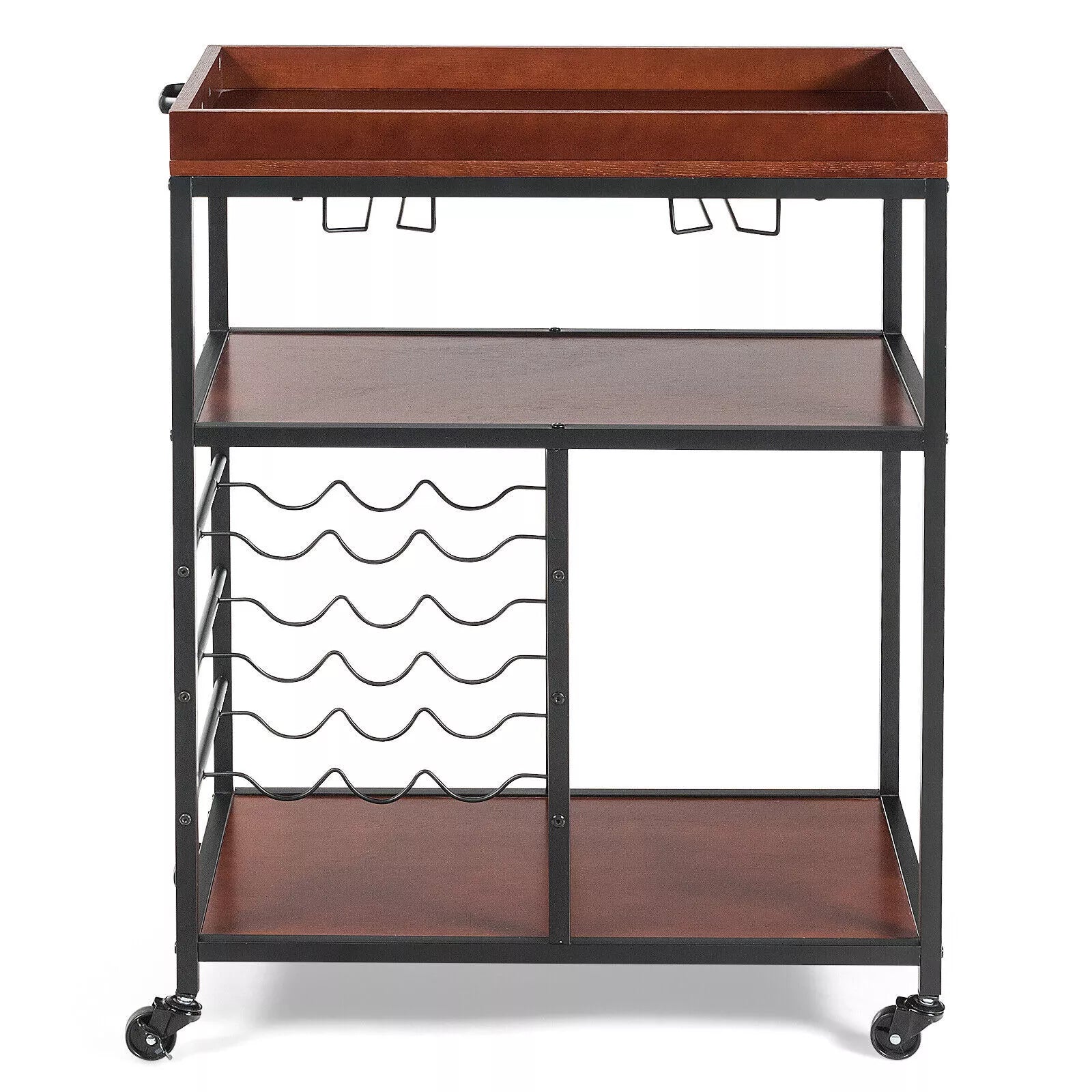 Industrial Kitchen Island Cart 3-Tier Rolling Bar Serving Trolley With Wine Rack