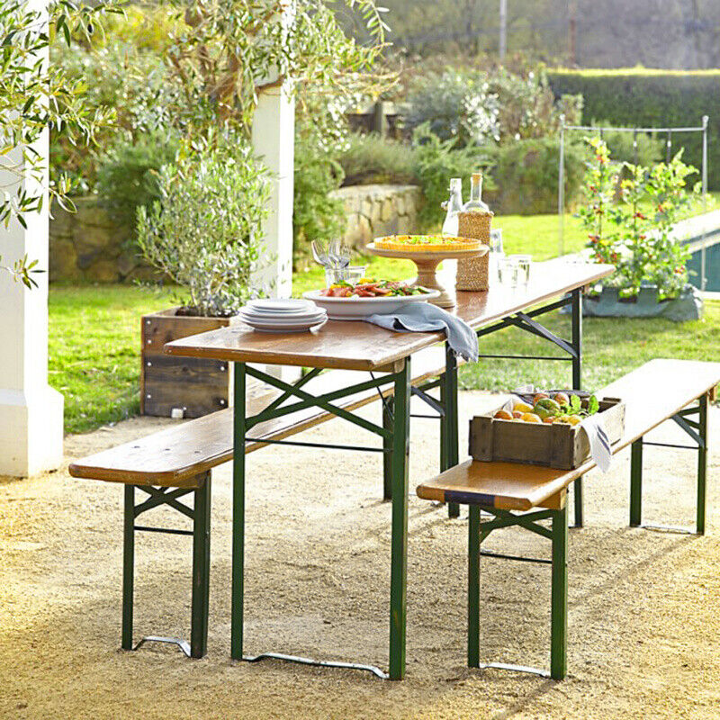 3pcs Garden Folding Table Chair Set Beer Table Wooden Bench Trestle Dining Seat