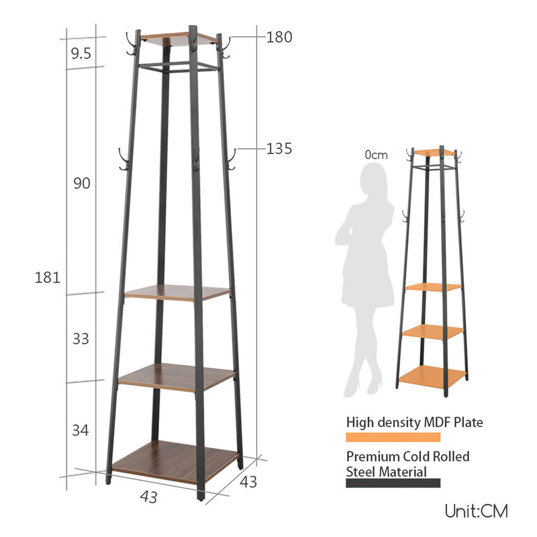 180cm Coat Stand Corner Garment Hat Rack Clothes Rails Hanger w/ 4 Storage Shelf
