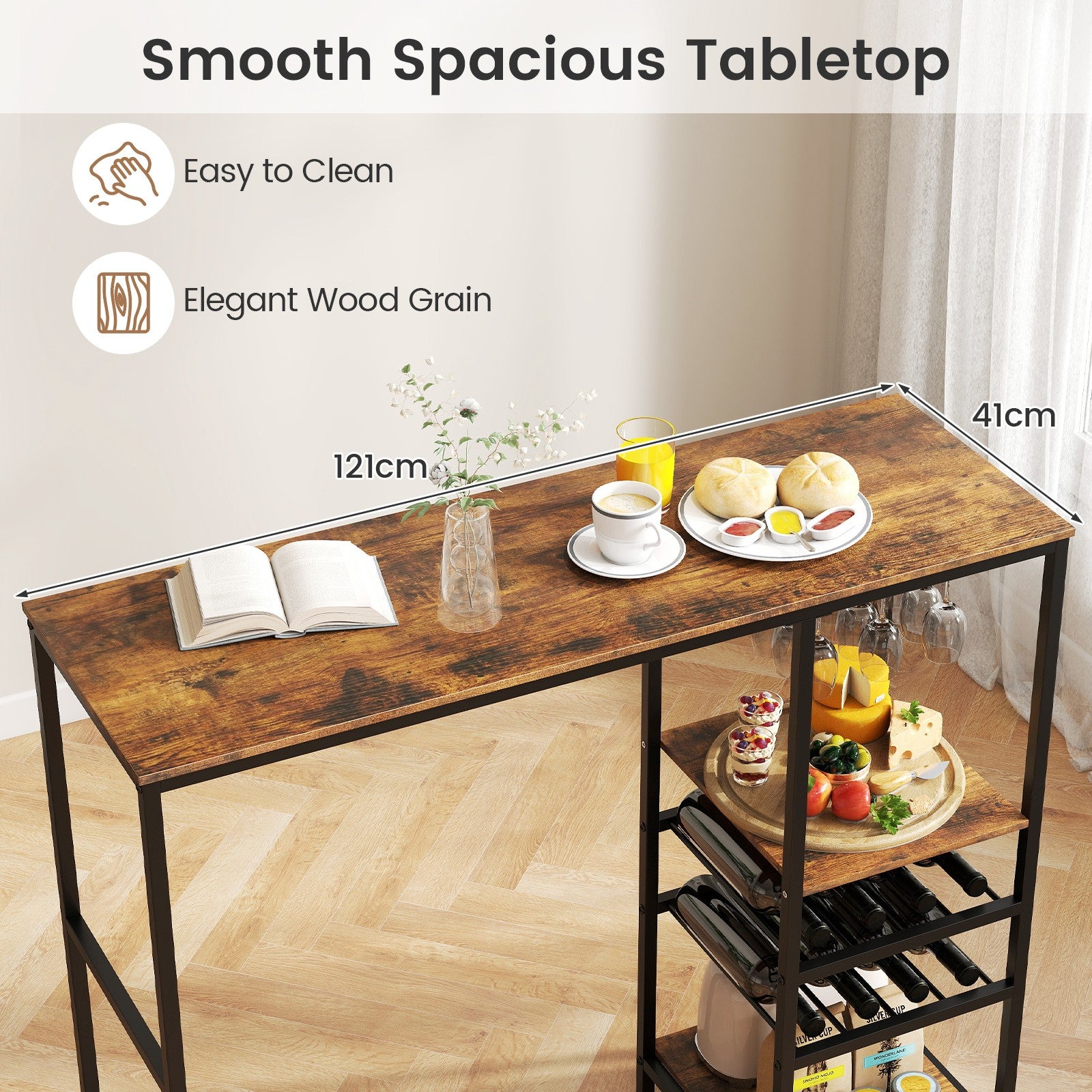 Bar Table Dining Table with Storage Shelves Wine Racks Brown