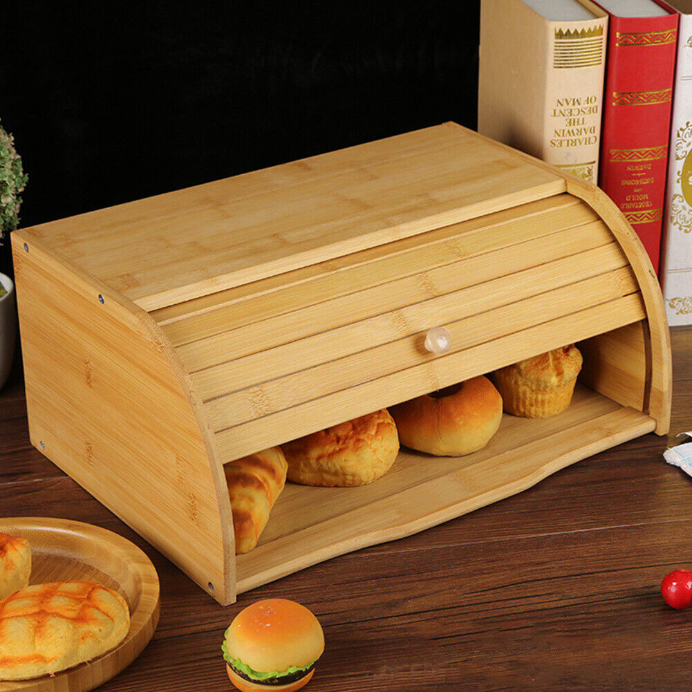 Bamboo Wooden Bread Bin Roll UpDoor Counter Rack Food Storage Box Loaf Container