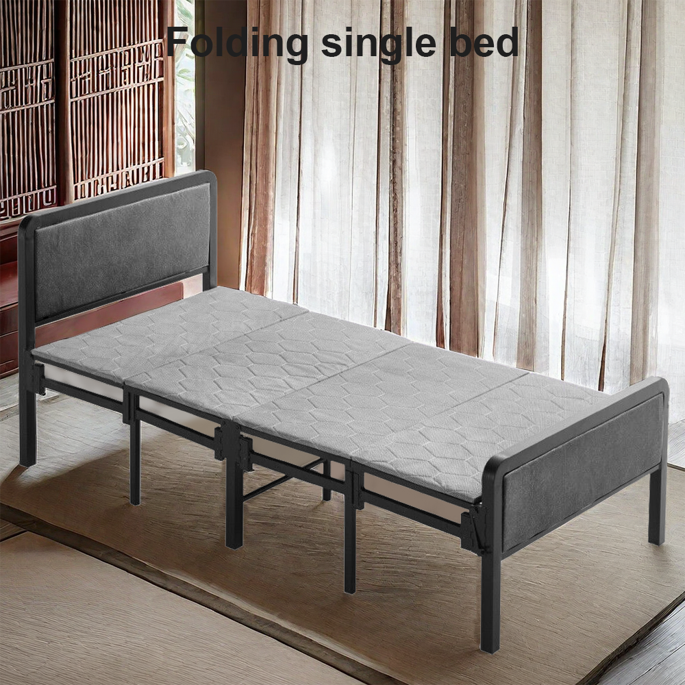 4-Fold Single Guest Bed Padded Small Space Folding Bed Frame Headboard&Footboard