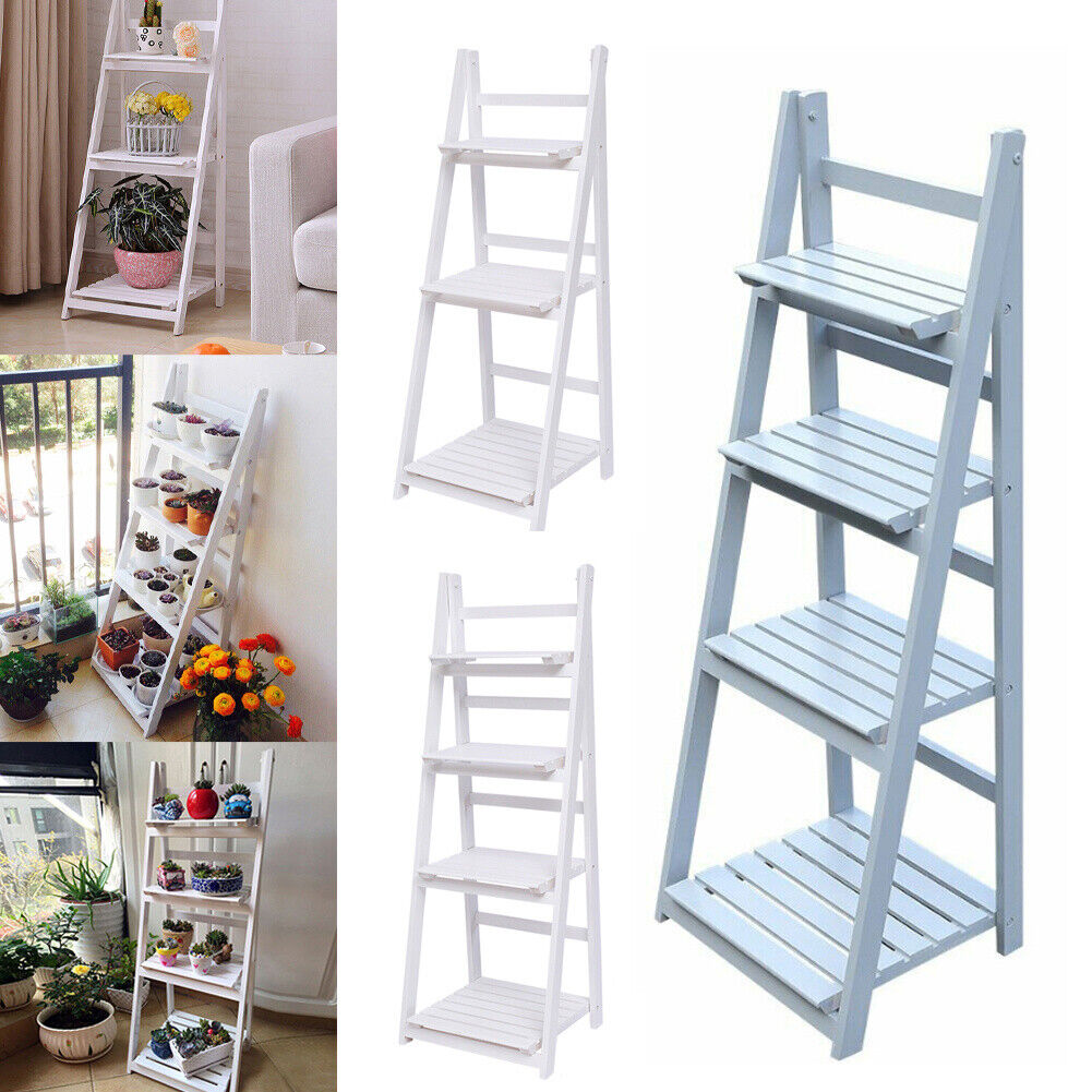 ETHORY 4 Tier Wooden Foldable Ladder Shelf, Magazine Holder,Plant Stand,Flower Pot
