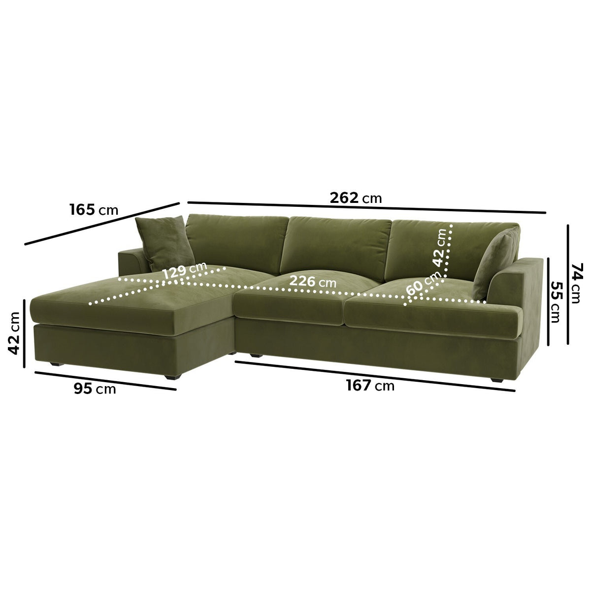 Green Velvet L Shaped Sofa 3 Seater Left Hand Facing Saddle Arms Moder ...