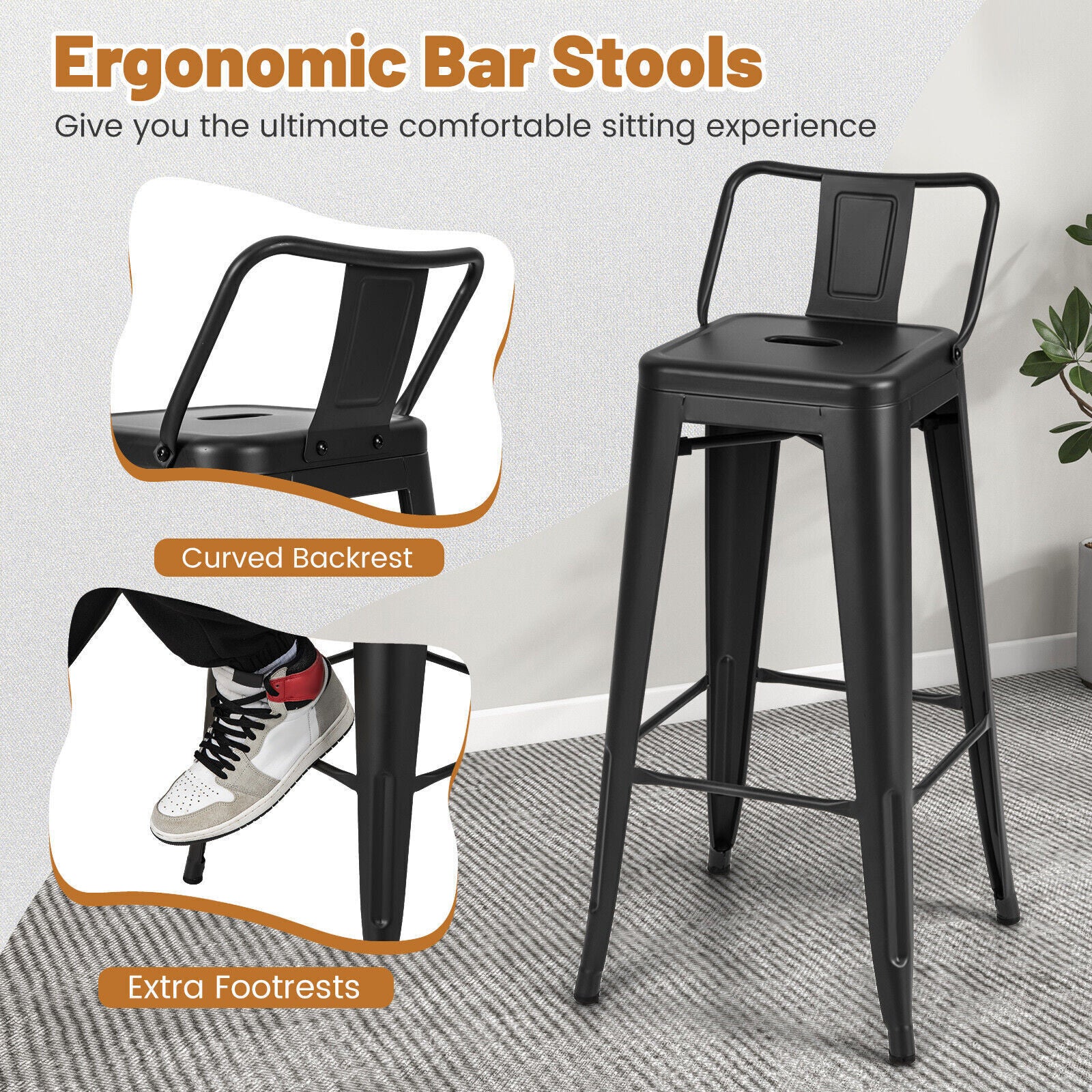 Bar Stools Set of 4 Metal Frame Counter Height Barstool w/ Removable Backrest
