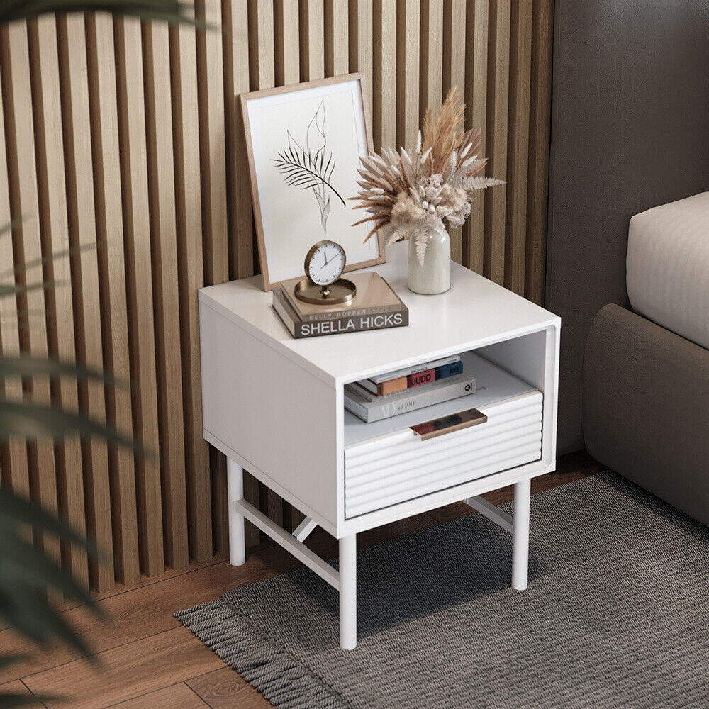 1 Drawer Bedside Table Home Side Cabinet Bedroom Storage w/1 Storage Shelf White