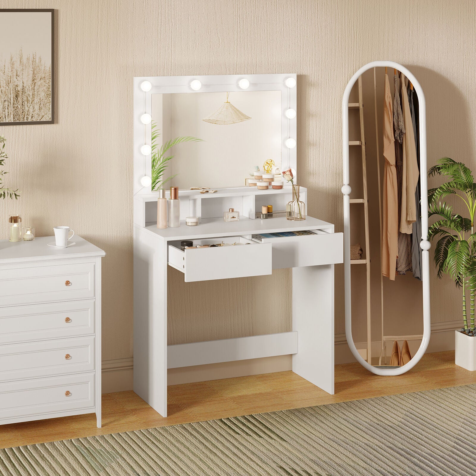 Dressing Table Vanity Makeup Desk with LED Mirror Adjustable Lights 2 Drawers