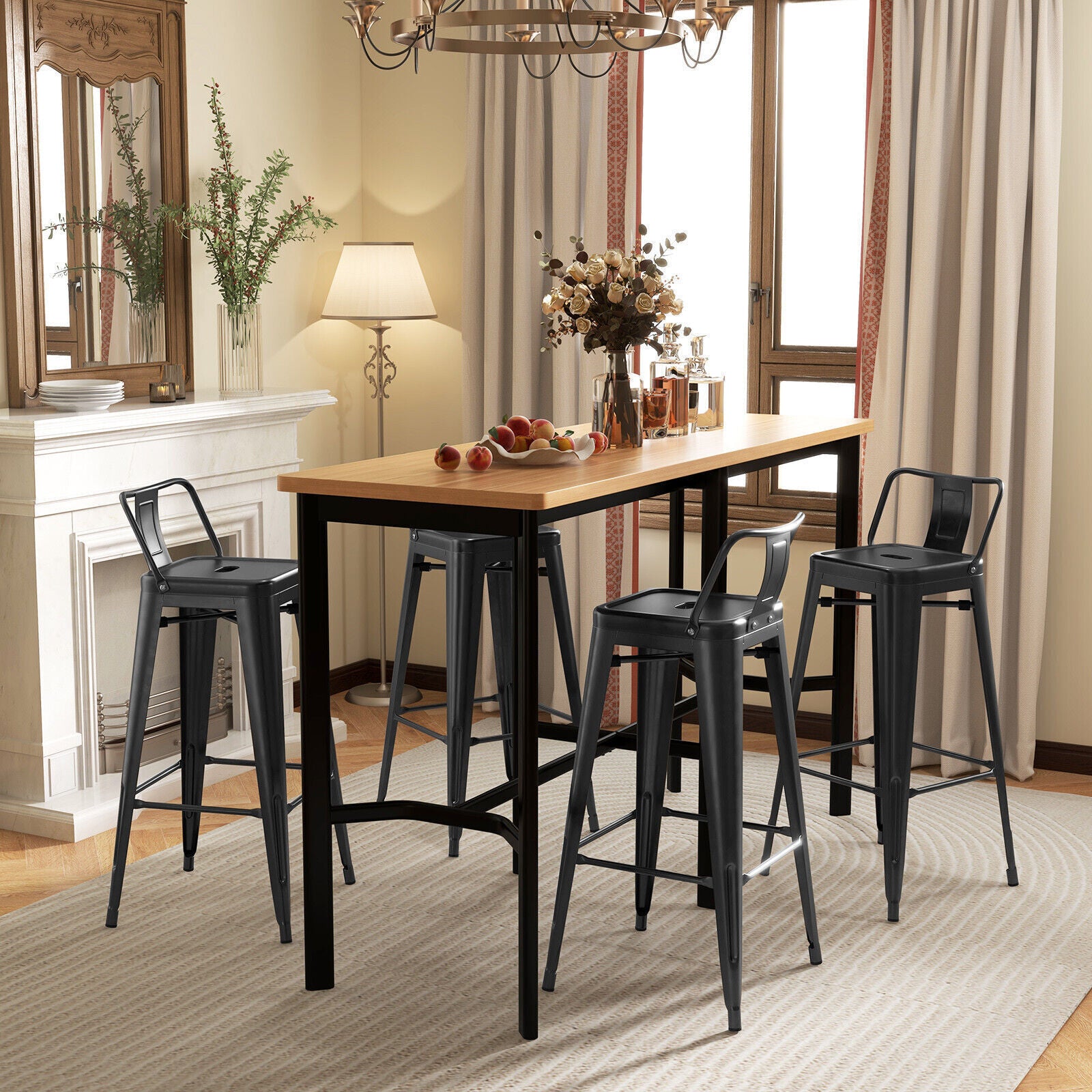 Bar Stools Set of 4 Metal Frame Counter Height Barstool w/ Removable Backrest