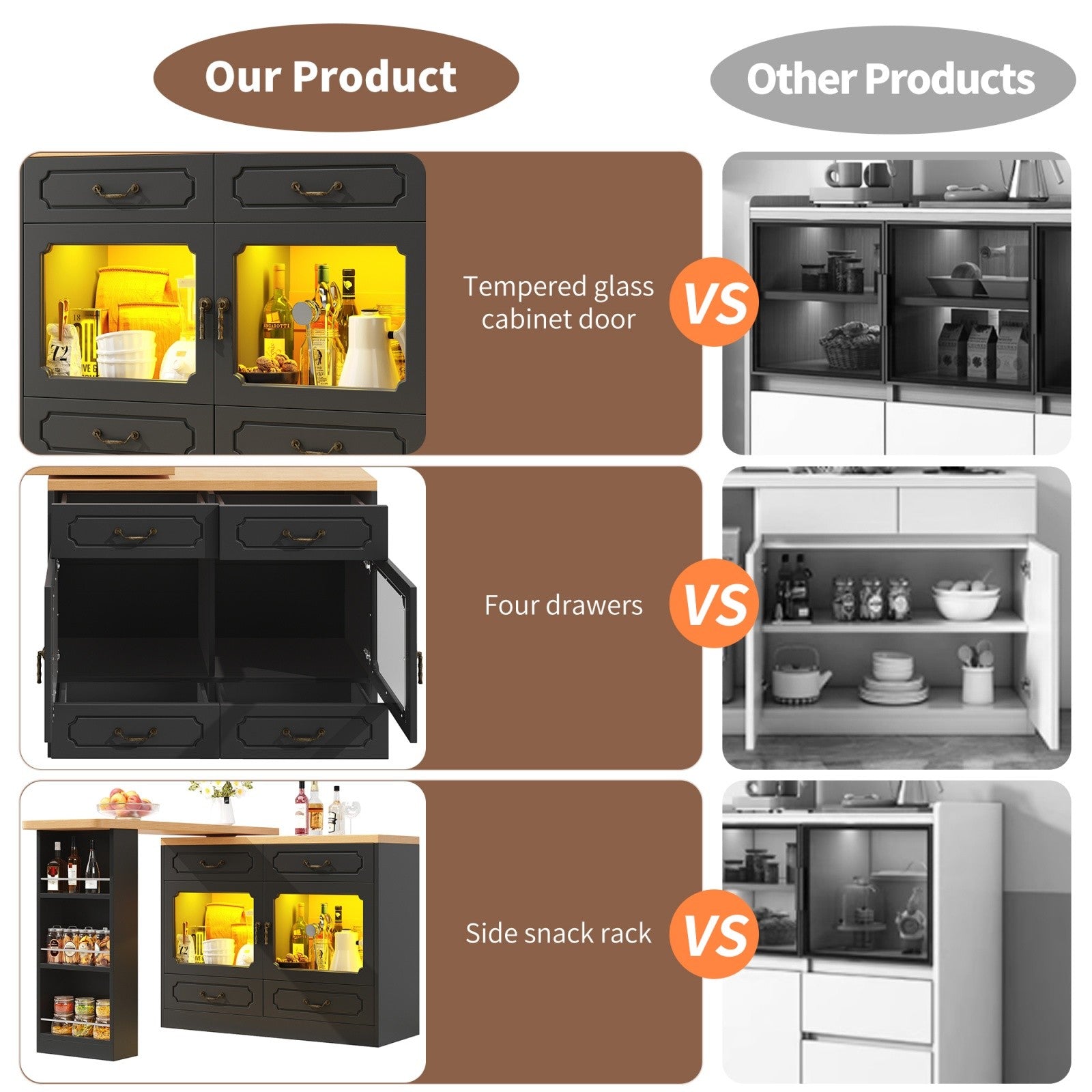 BAR TABLE WITH STORAGE CABINET KITCHEN ISLAND LED SIDEBOARD & 3 TIER SPICE RACK