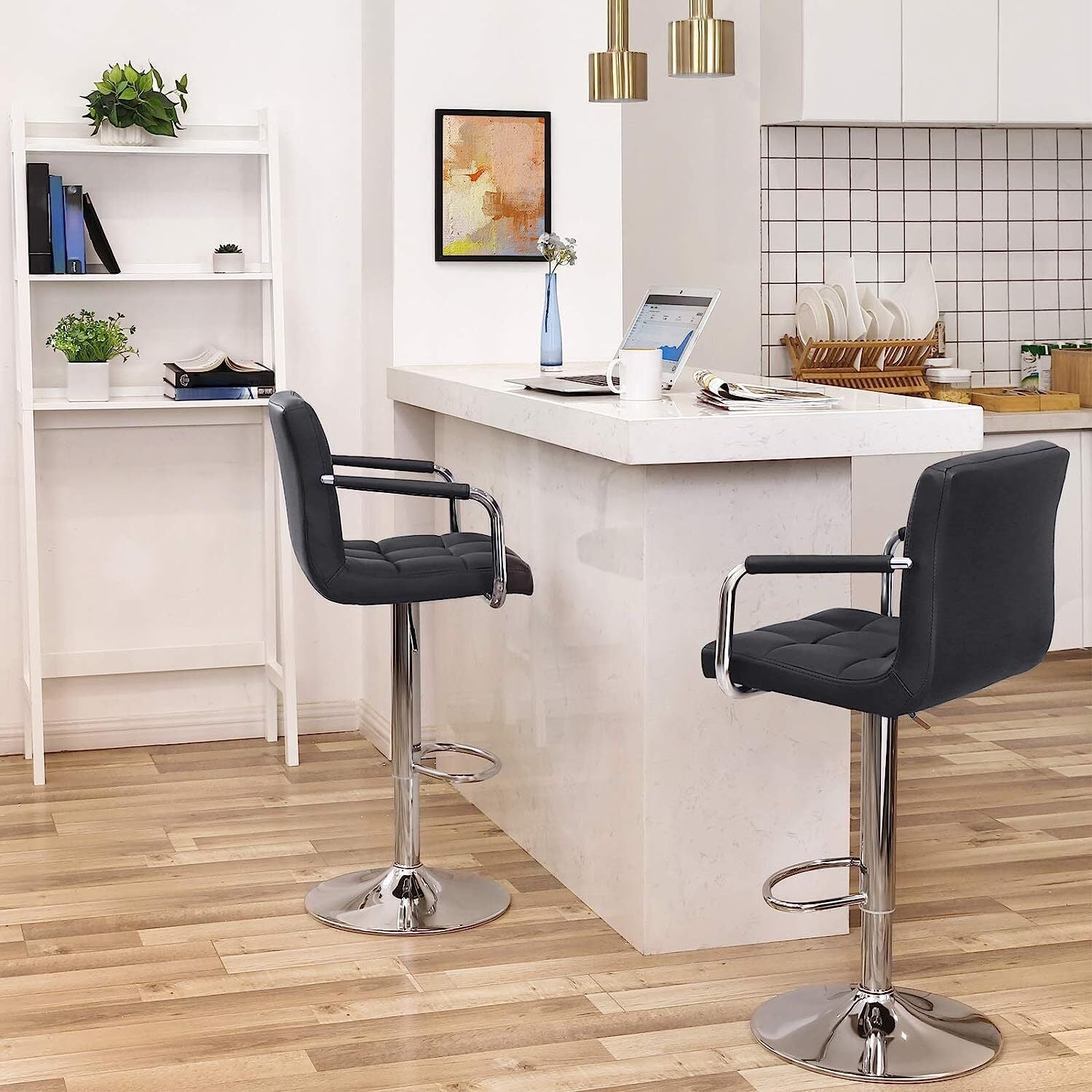 Bar Stools Set of 2 PU Leather Swivel Height Adjustable Bar Chairs With Backrest