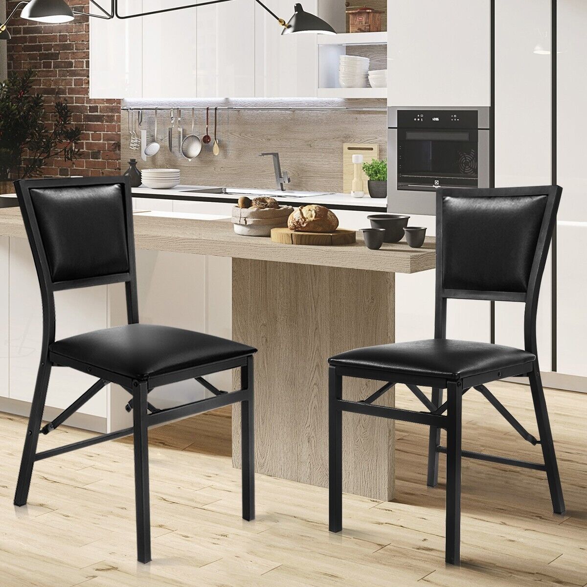 Set of 2 Padded Folding Chair Metal Frame Counter Height Dining Chairs