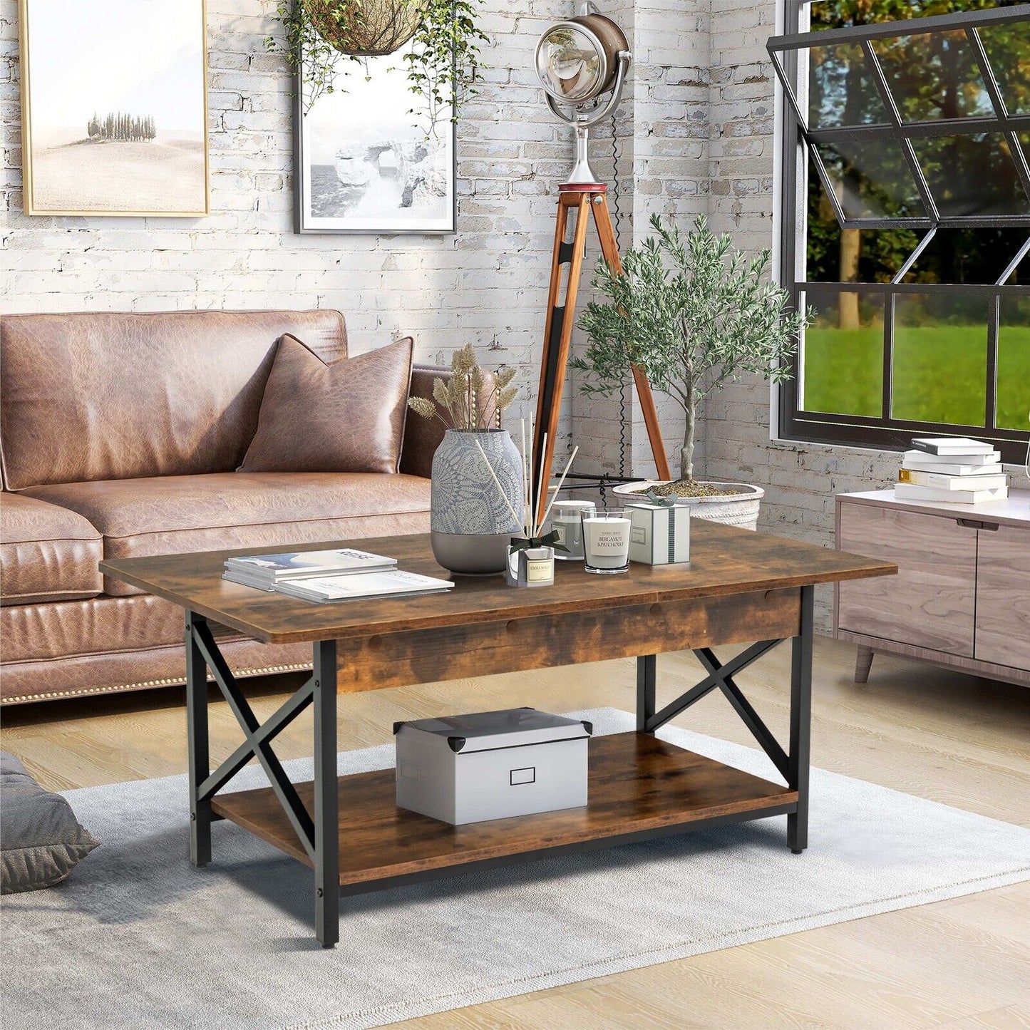 2-Tier Industrial Coffee Table Home Cocktail Tea Side Table with Storage Shelf