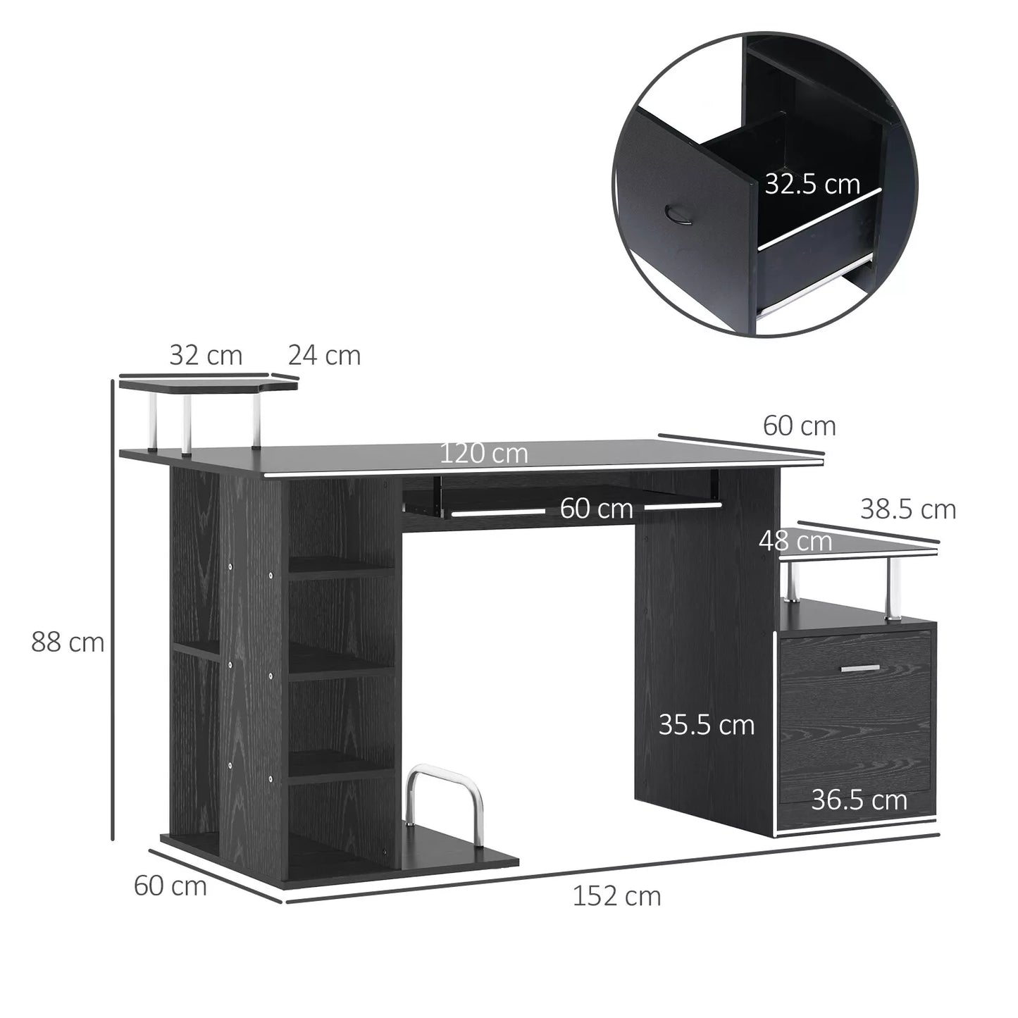 Modern Office Table Wooden Computer Work Desk Study Shelf Storage PC Rack Black