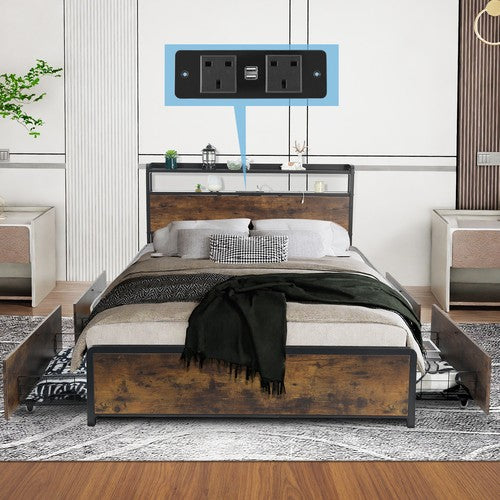 OYAJIA Double Bed Frame Platform Bed Frame With RGB Headboard Storage Drawer