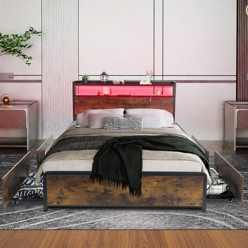 OYAJIA Double Bed Frame Platform Bed Frame With RGB Headboard Storage Drawer