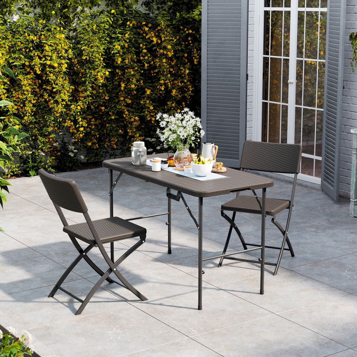 Rattan Garden Dining Table and Chairs Set Folding Camping BBQ Picnic Table Bench