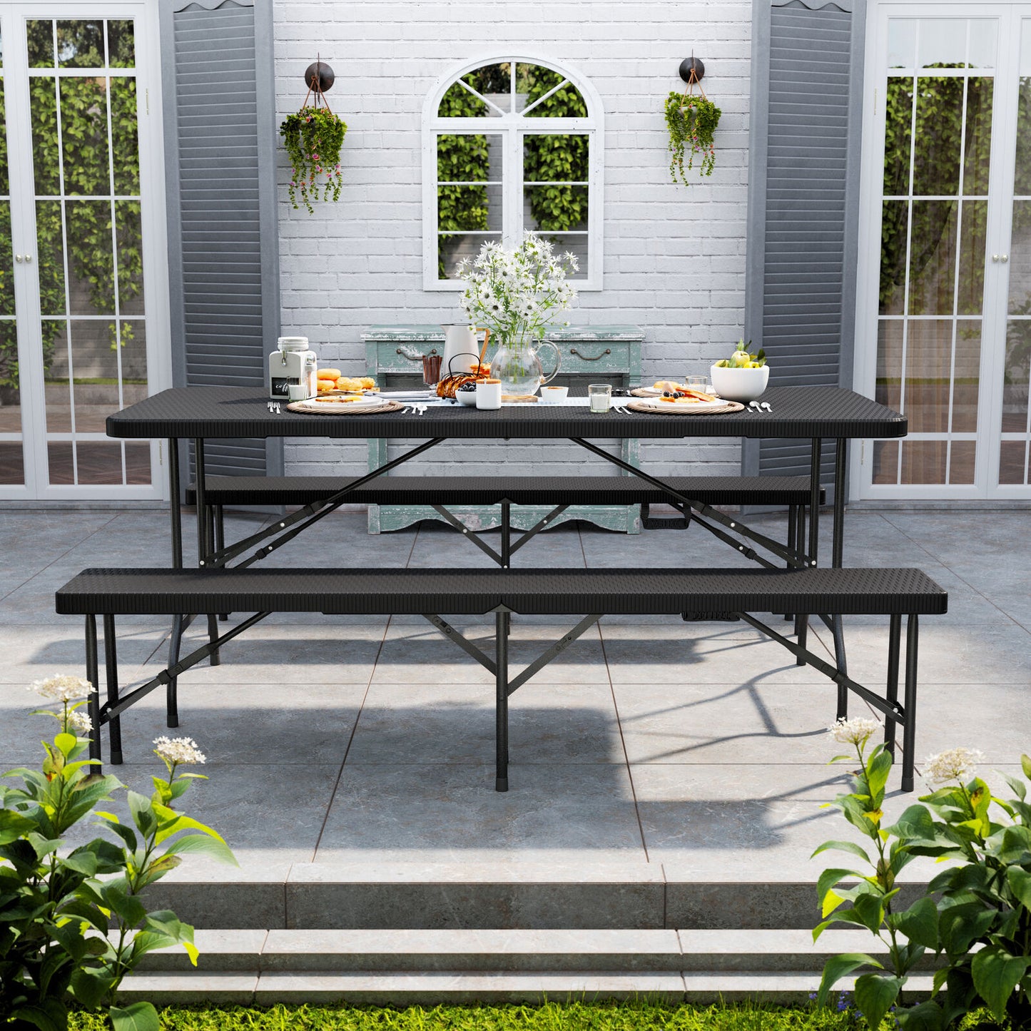 Rattan Garden Dining Table and Chairs Set Folding Camping BBQ Picnic Table Bench