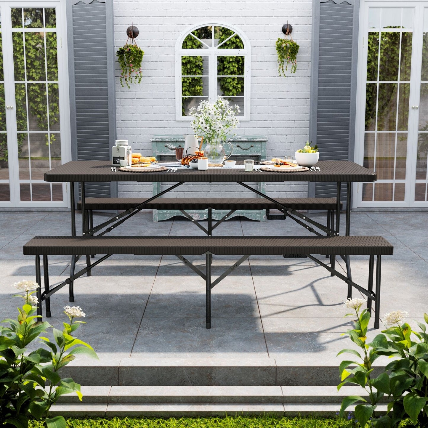 Rattan Garden Dining Table and Chairs Set Folding Camping BBQ Picnic Table Bench