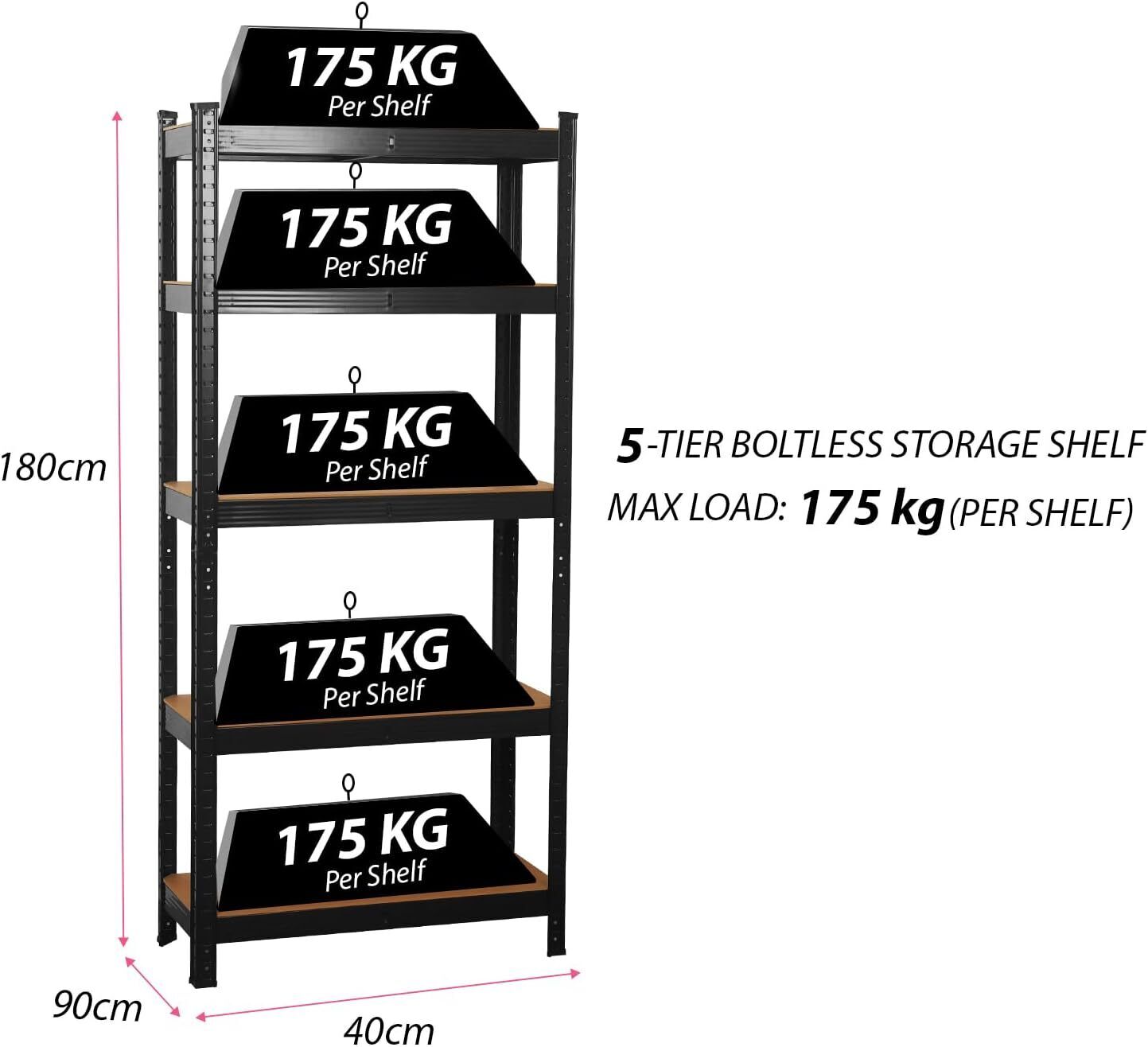 Garage Shelving Units 5 Tier Shed Storage Racking Shelf Boltless - 90x40x180cm