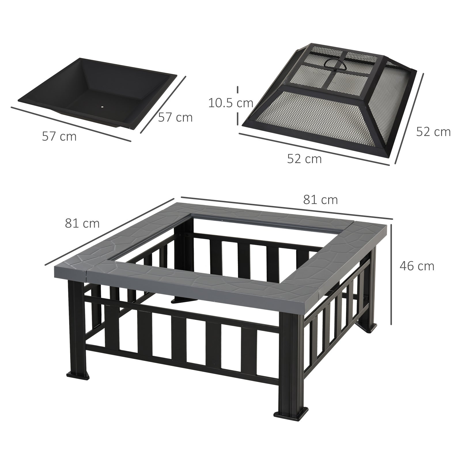 Fire Pit Heater Square Table Patio Backyard Metal Black φ81cm Outdoor