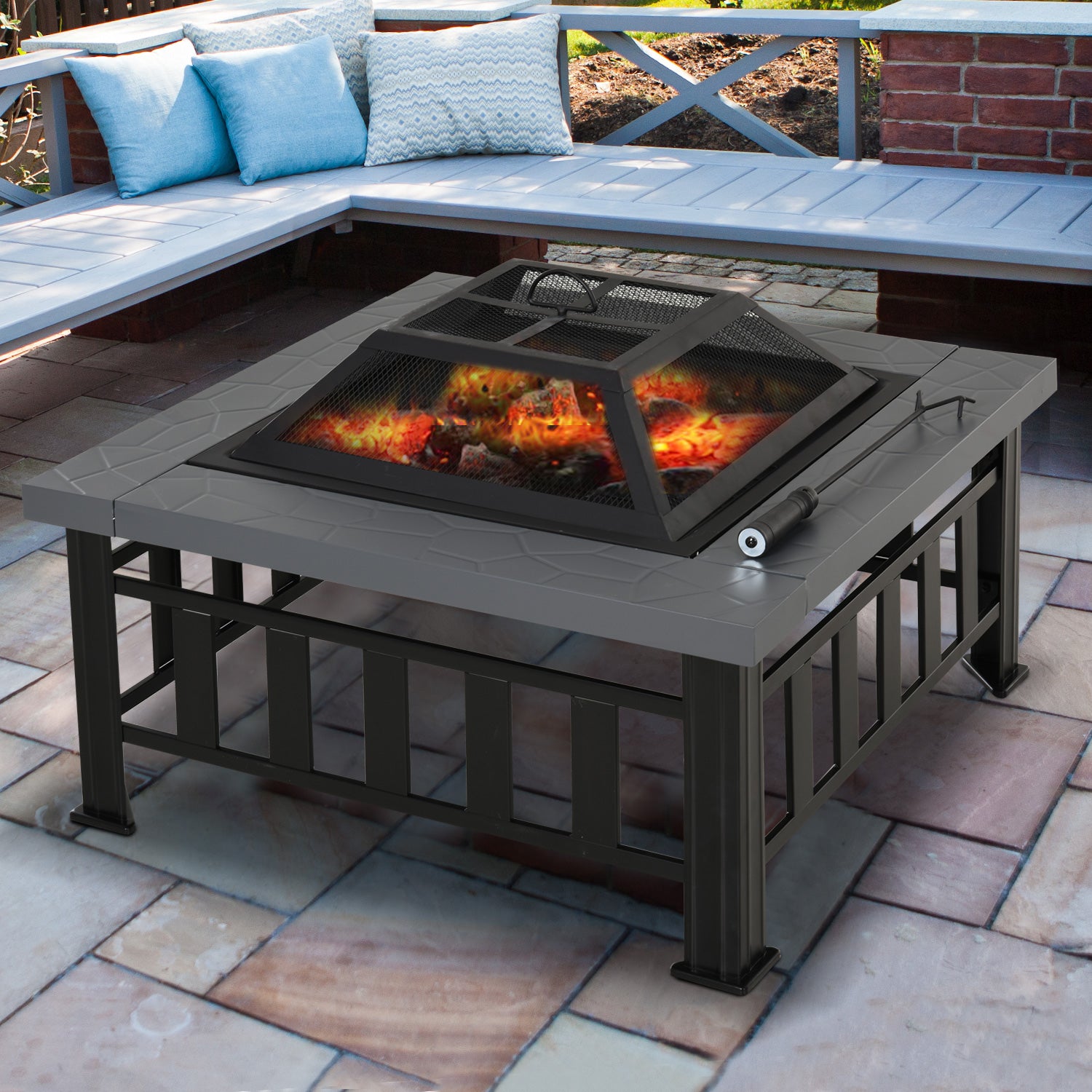 Fire Pit Heater Square Table Patio Backyard Metal Black φ81cm Outdoor