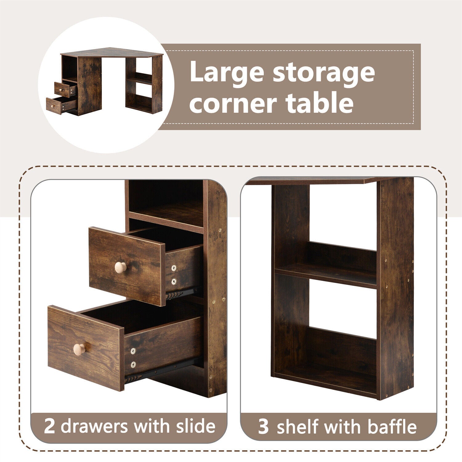 Corner Computer Desk with Drawers & Storage Shelves Home Office Study Table HT