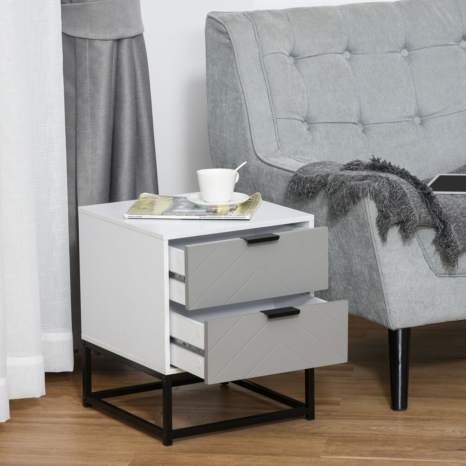 Bedside Cabinet Nightstand 2 Drawer Unit Storage and Metal Base for Home Office