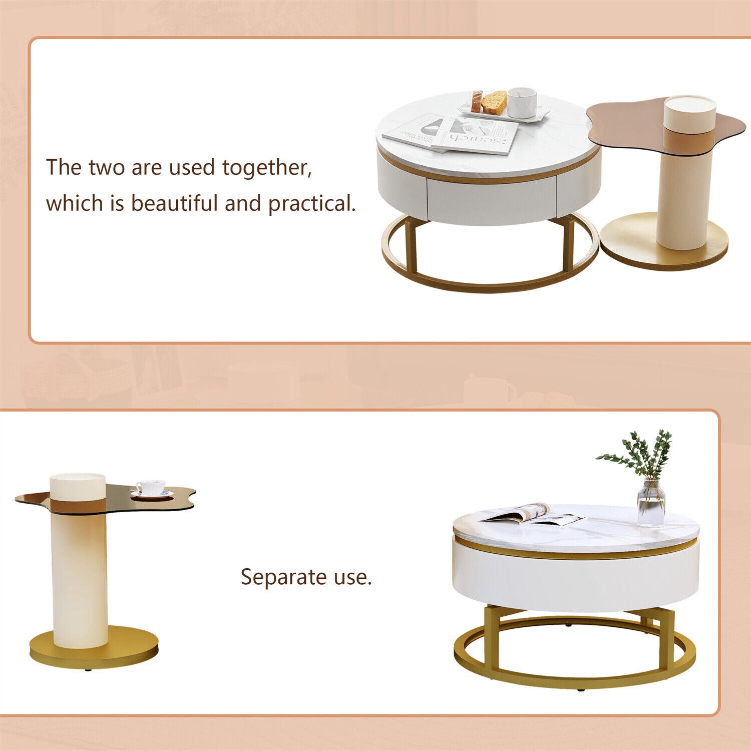 Nesting Coffee Tables Set of 2 Modern Rotatable Side End Tables Living Room HT