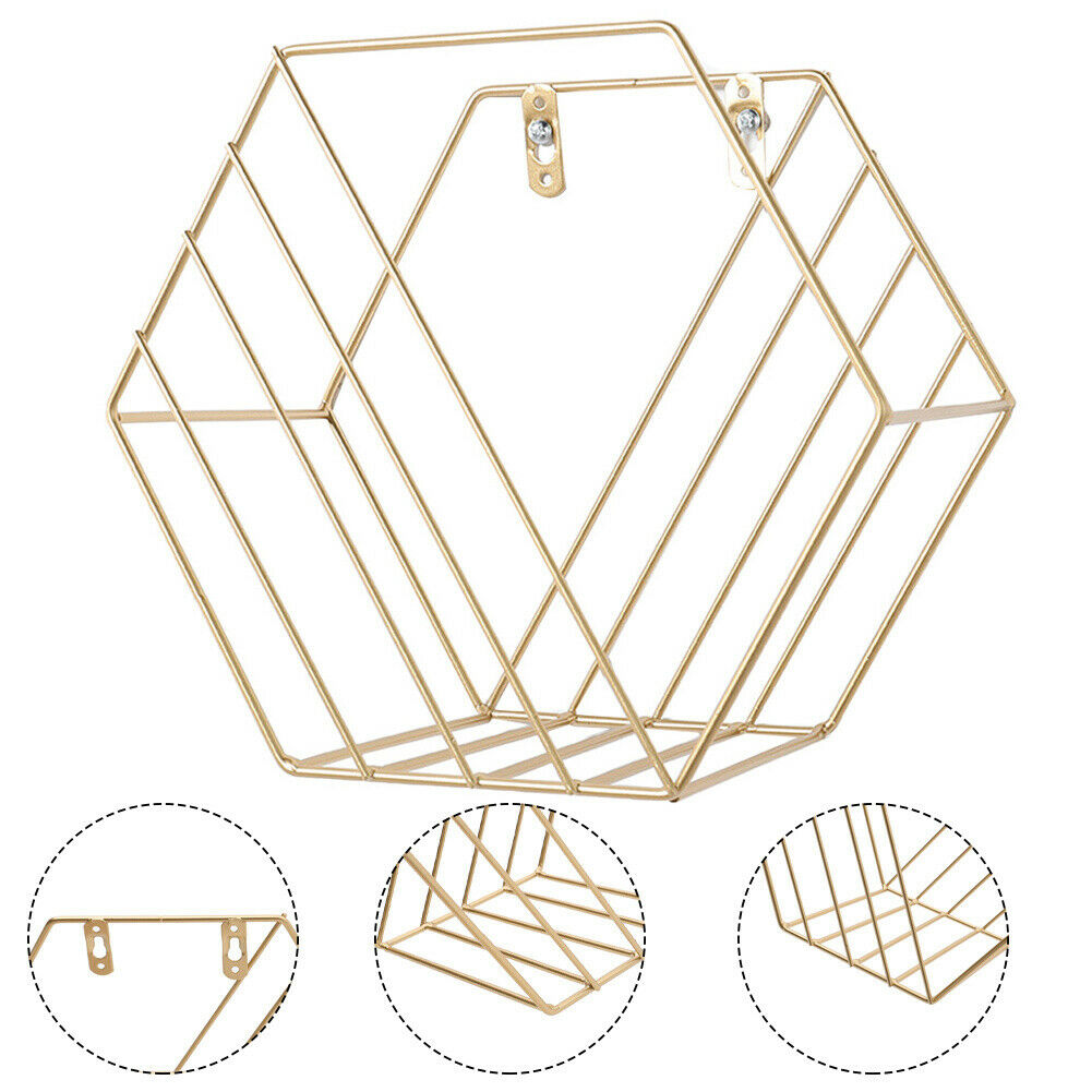 2x Hexagon Metal Wire Wall Shelf Home Decor Magazine Storage Floating Shelf Gold
