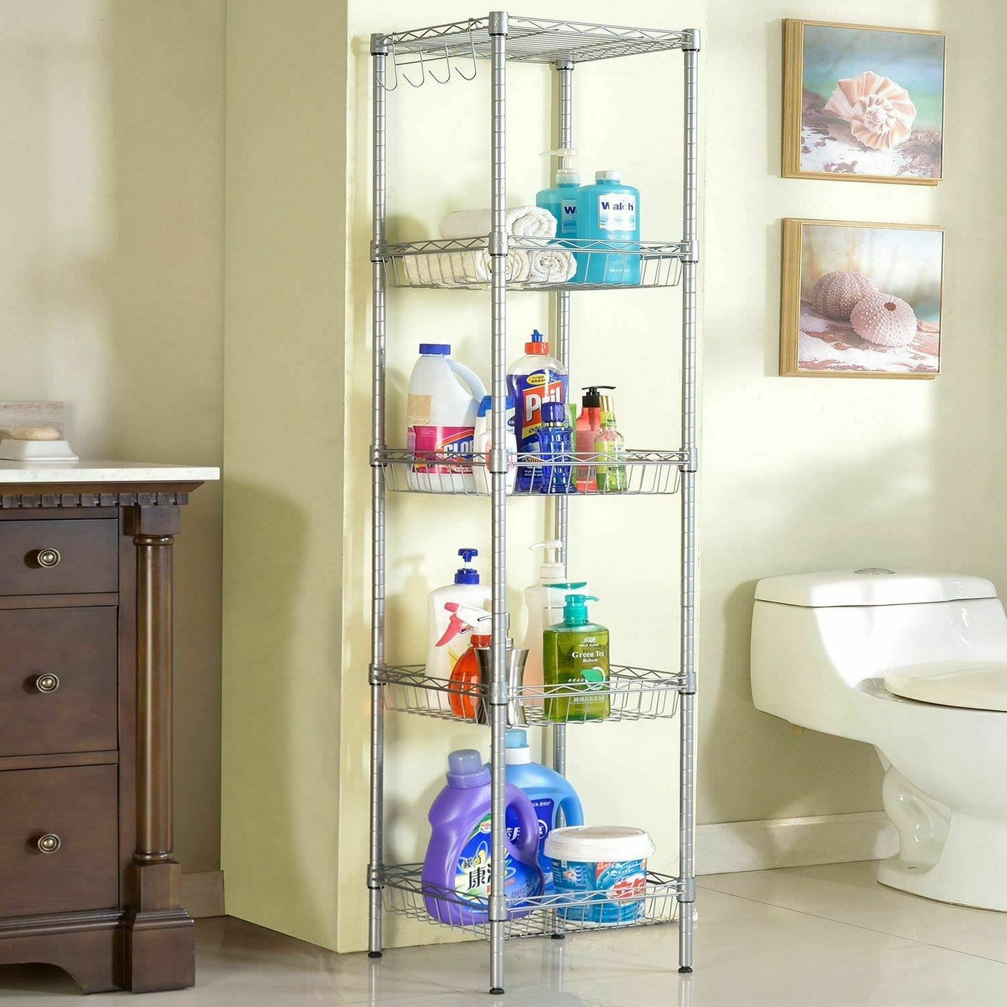 5 Tier Chrome Wire Shelving Baskets Kitchen Storage Organiser Unit Rack Holder