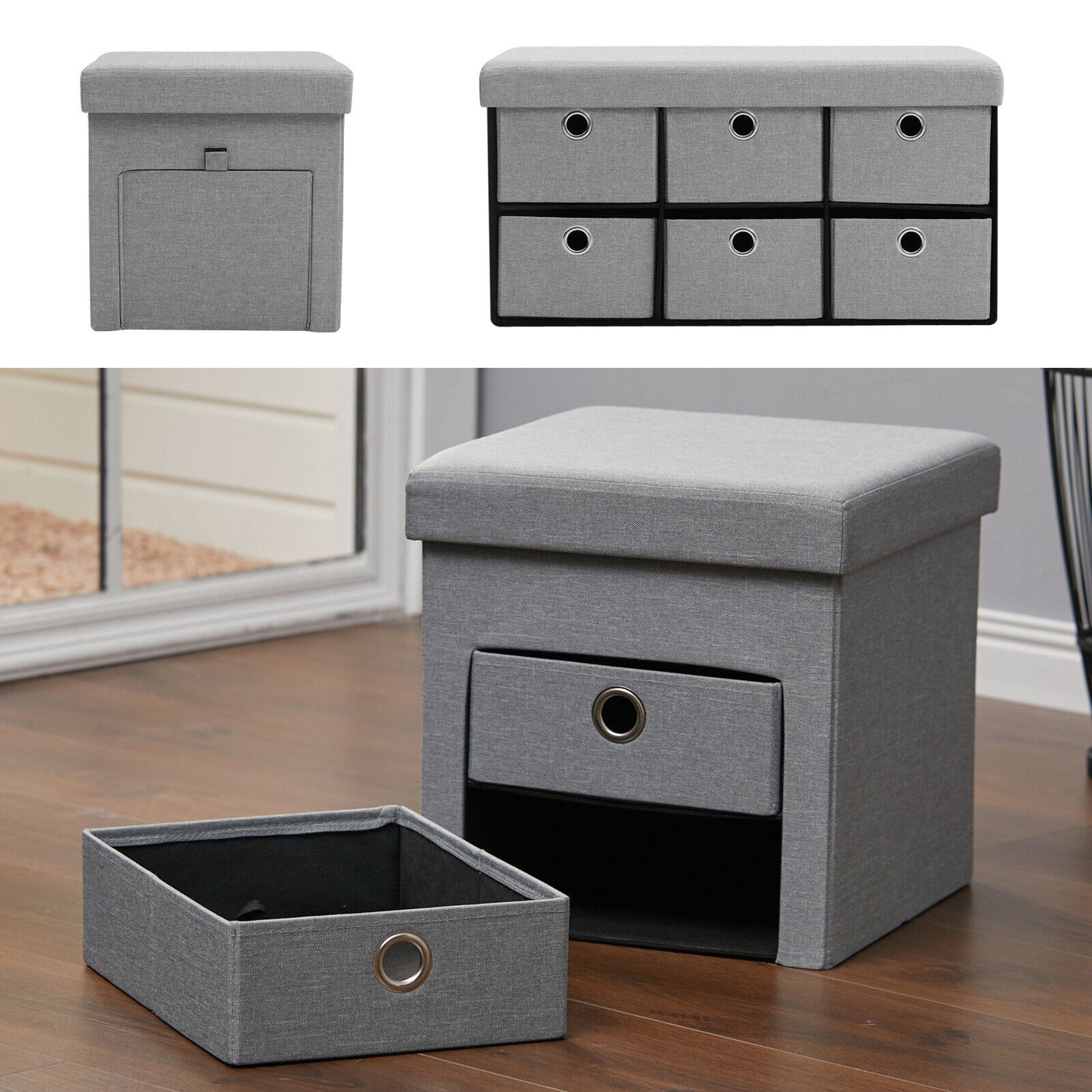 Linen Storage Stool Trunk Ottoman Pouffe Seat Footstool Chair Rect Box ChestGrey
