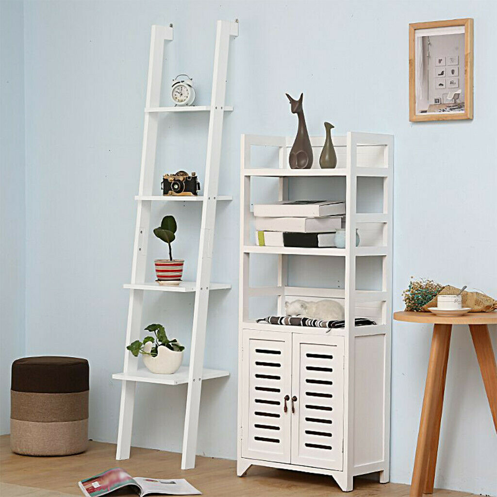 4-Tier Wood Ladder Shelf, Standing Wall Rack, Bookcase Display Shelf White Black