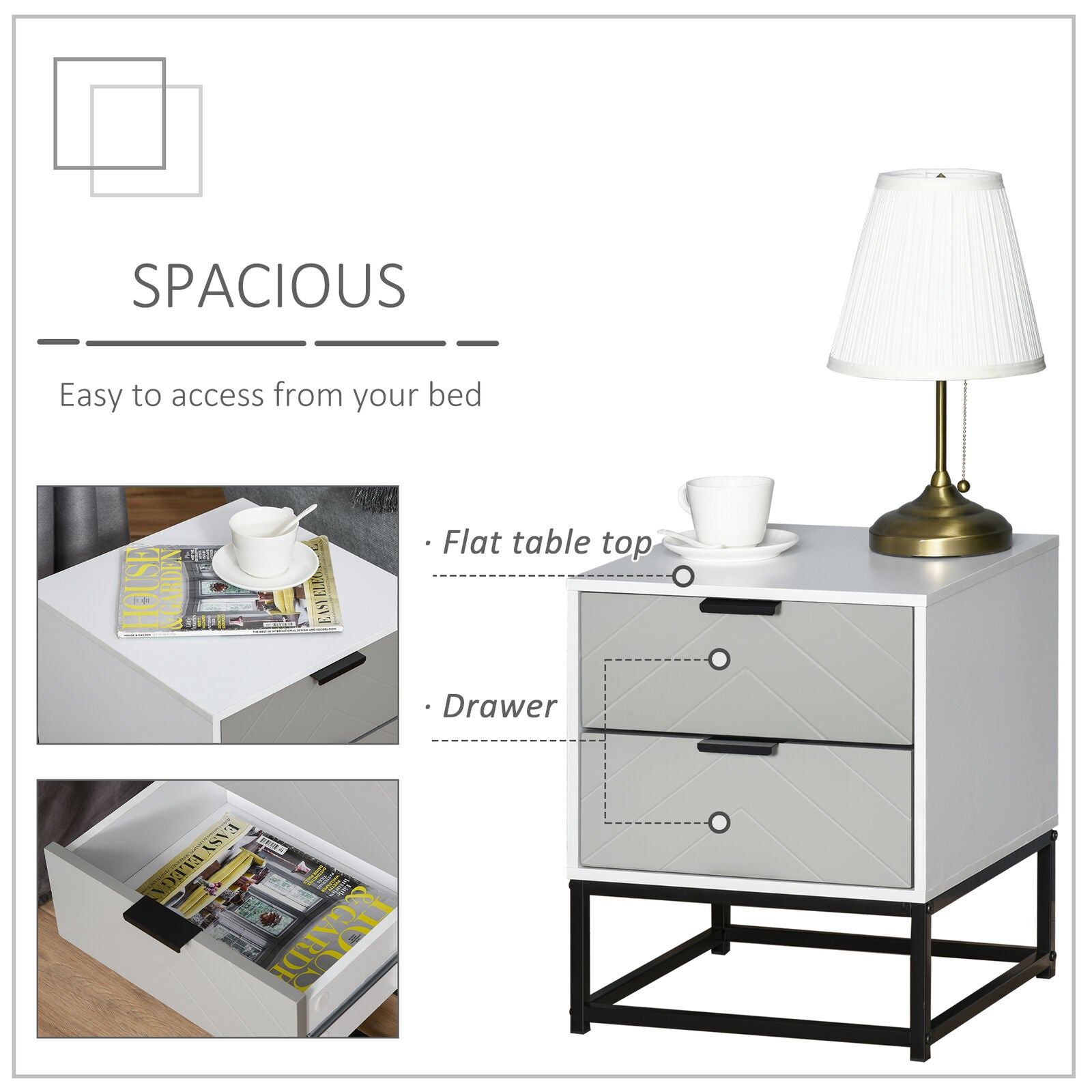 Bedside Cabinet Nightstand 2 Drawer Unit Storage and Metal Base for Home Office