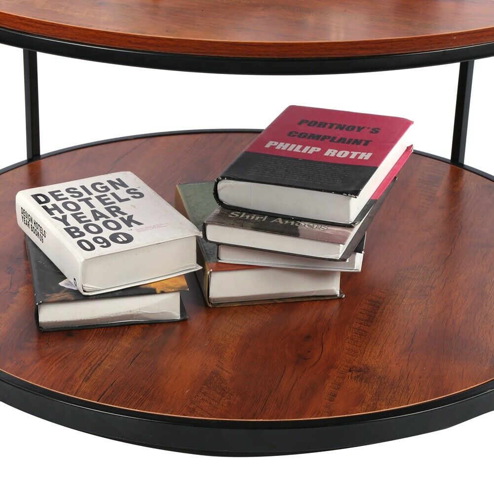 Industrial 2 Tier Round Coffee Tea Table Side End Living Room Storage Shelf Unit