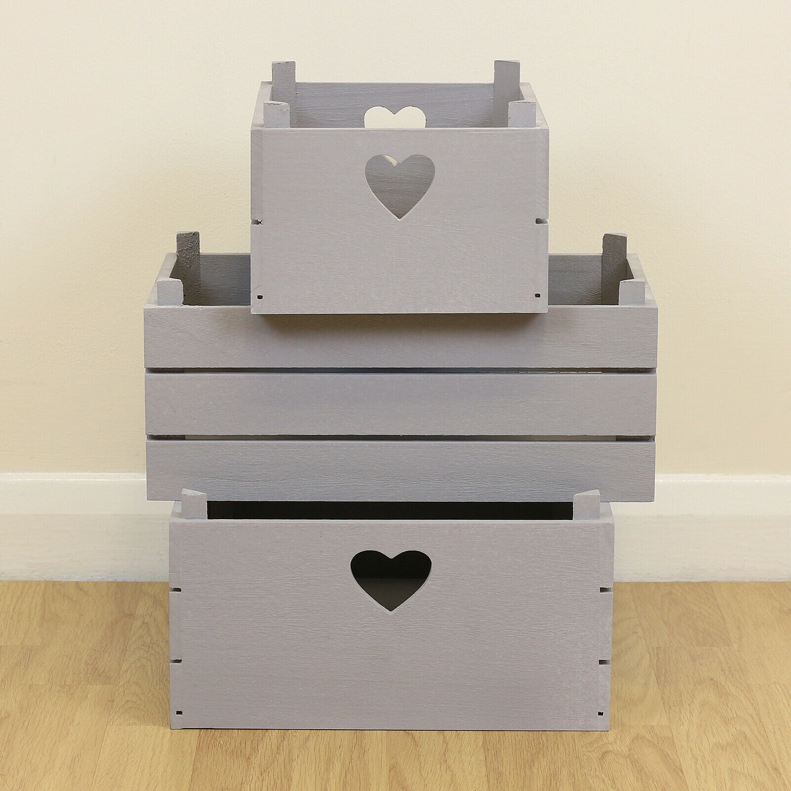 Set of Grey Wooden Slatted Apple Crates 3 x Home Storage/Display Hamper Boxes
